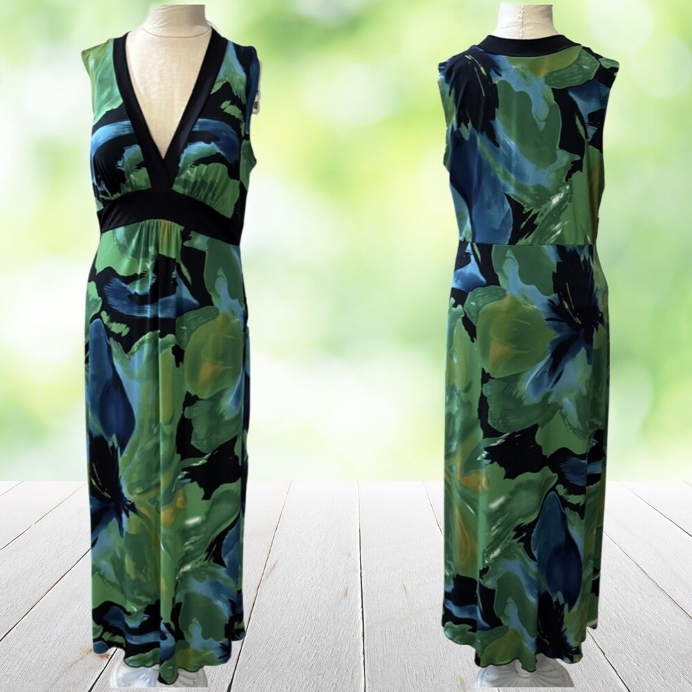 EN FOCUS Empire Waist Maxi Dress Tropical Floral Resort Cruise Green Plus 14W